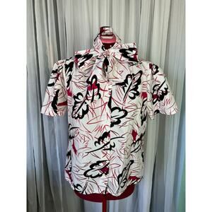kitten bow blouse abstract leaves red black 1980s